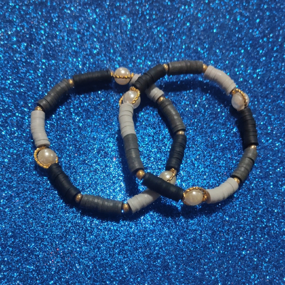 Polymer Clay Gray Beaded Bracelet Duo